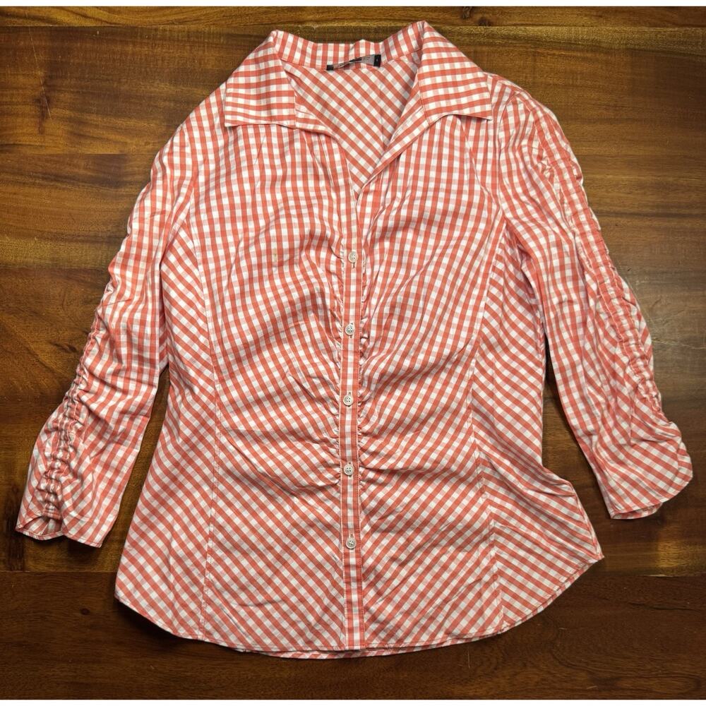 Lafayette 148 New York Women’s Red Orange Gingham Ruched Button up Shirt Sz 6